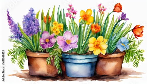 Wallpaper Mural watercolor potted spring flowers Torontodigital.ca