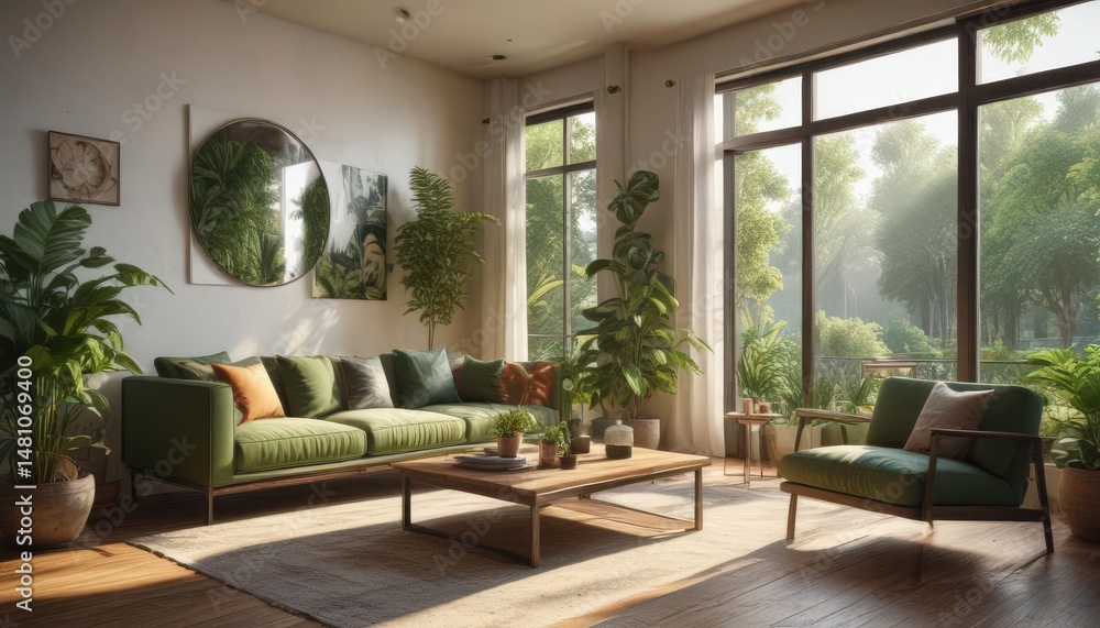 Fototapeta premium Sun-drenched living room, lush greenery, stylish decor, sofa, texture