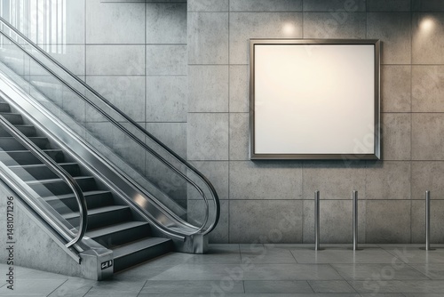 Empty billboard in modern hallway with escalator
