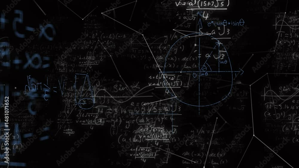 Mathematical formulas being animated on dark canvas, with chalk equations and geometric sketches Mathematical formulas being animated on dark canvas, with chalk equations and geometric sketches