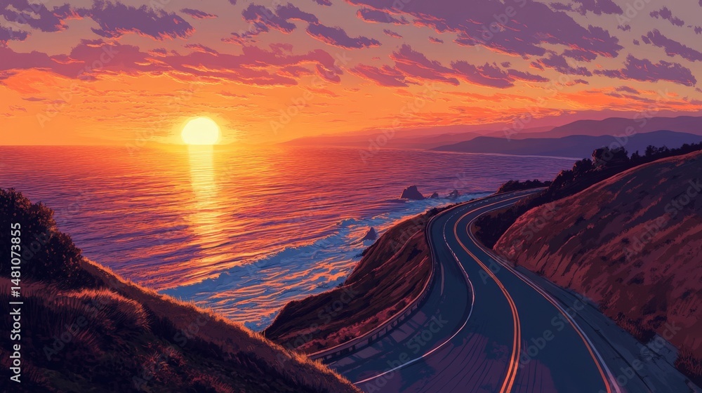 Fototapeta premium Scenic coastal highway at sunset, vibrant colors.