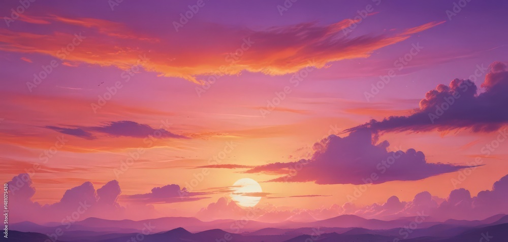 Fototapeta premium Abstract watercolor sunset; fiery orange and purple hues blend seamlessly creating a dreamy sky , canvas, background
