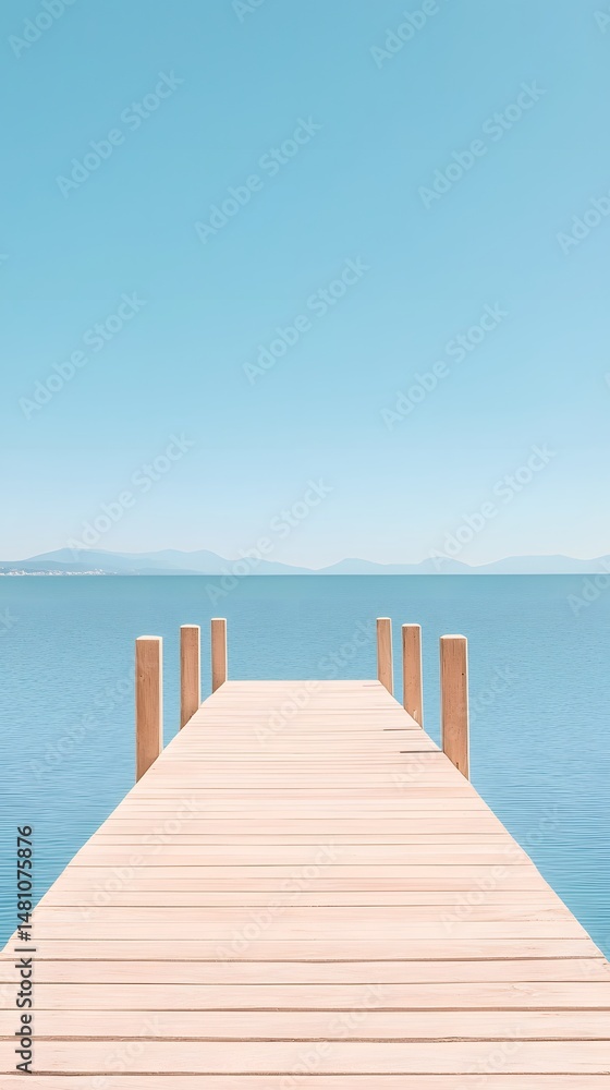 Single Wooden Dock Extending into Calm Blue Lake under Bright Sunny Sky Single Wooden Dock Extending into Calm Blue Lake under Bright Sunny Sky