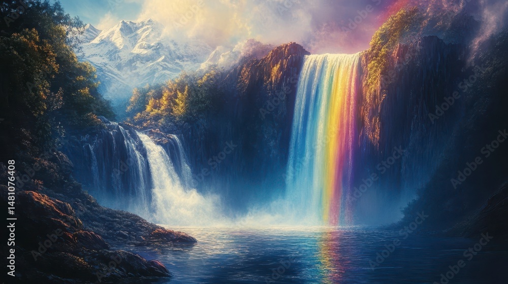 Fototapeta premium Majestic waterfall cascading down rocky cliffs into a serene pool, with a vibrant rainbow arching over it, set against a backdrop of snow-capped mountains and lush greenery.