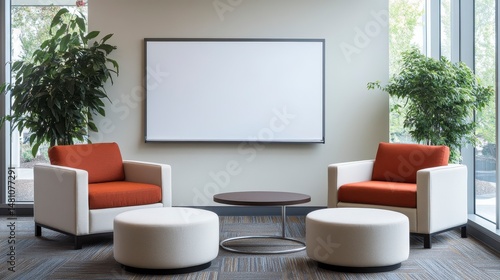 Wallpaper Mural Modern office lounge with two armchairs, coffee table, and blank whiteboard. Torontodigital.ca