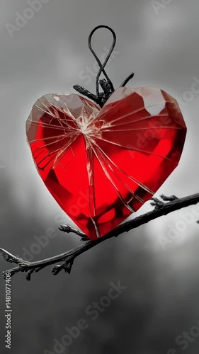 Wallpaper Mural A vibrant red crystal heart ornament hangs precariously on a bare branch against a blurred monochrome background, highlighting love and fragility. Torontodigital.ca