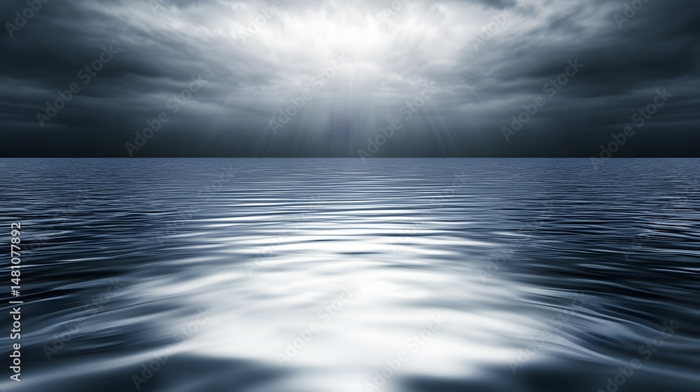Obraz premium Vast ocean scene under stormy clouds with sunlight.