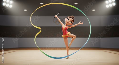 Pixelated Rhythmic Gymnast in Red Leotard Performing with Ribbon Under Bright Lights in a Gym