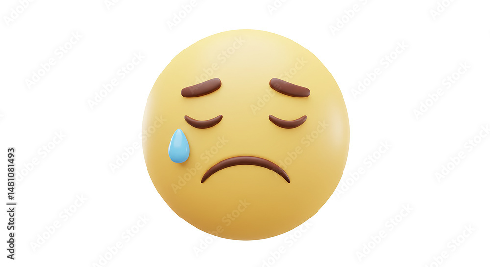 Fototapeta premium Sad emoji is crying with closed eyes and frowning mouth, showing disappointment