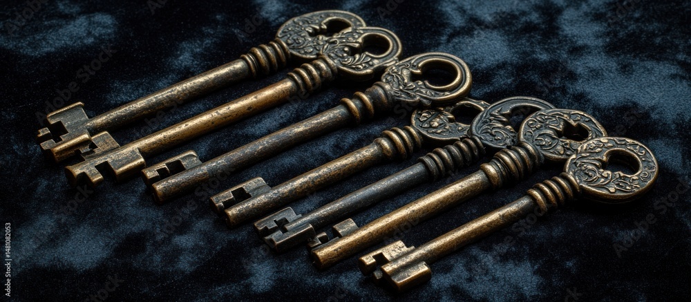 Naklejka premium Antique keys on dark background