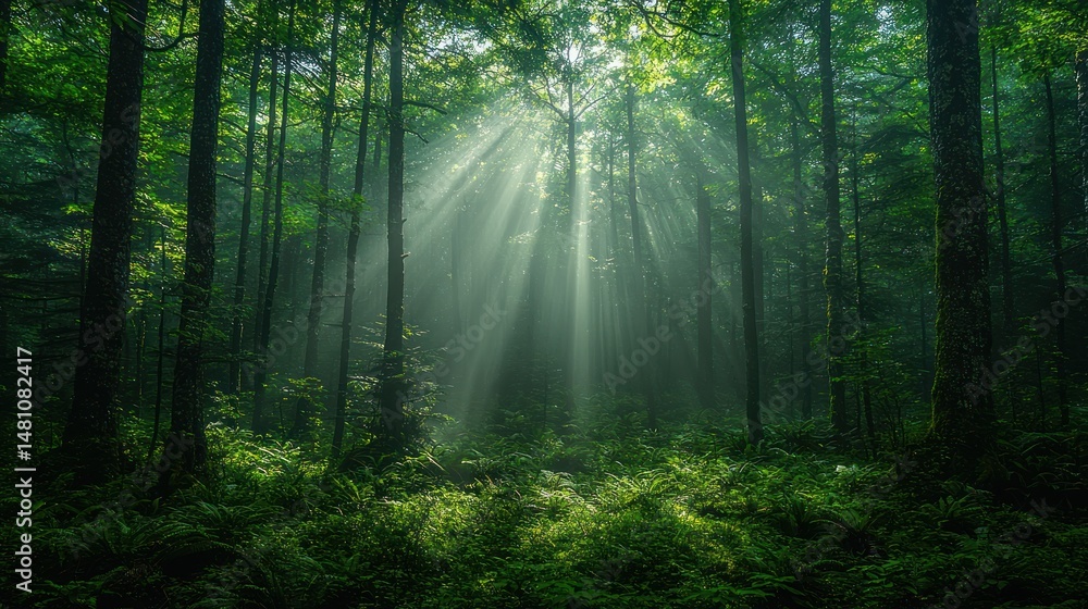 Obraz premium Sunlight streams through a dense, verdant forest
