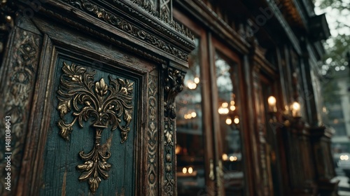 Intricate Wooden Door with Ornate Gold Carvings and Warm Interior Lighting Ideal for Vintage a photo