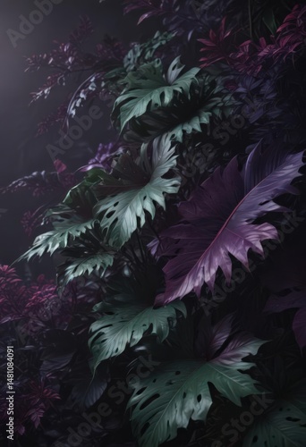 Intricate dark foliage, deep green & purple exotic leaves, dramatic shadows , fantasy, background