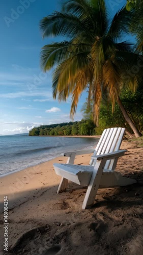 Tranquil beach scene with white Adirondack chair on the sand near the ocean, framed by a tropical palm tree and lush foliage.