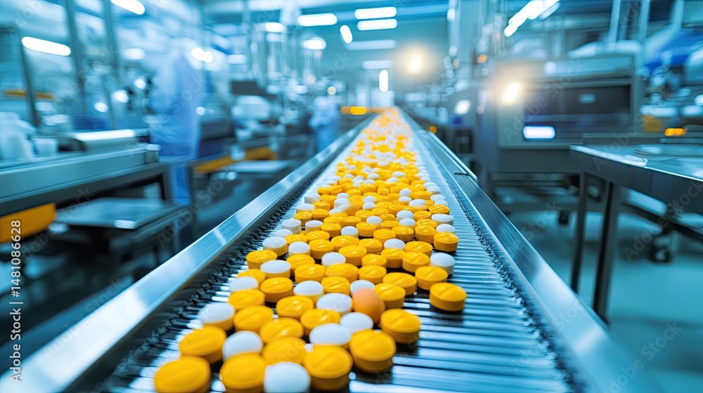 Obraz premium Filled containers moving on a stainless steel belt inside clean environment