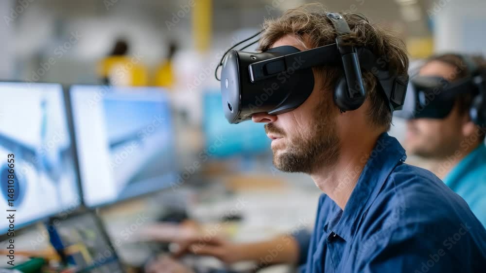 A man engages with a virtual reality headset, showcasing the merging of technology and immersive experiences in modern entertainment and gaming. A man engages with a virtual reality headset, showcasing the merging of technology and immersive experiences in modern entertainment and gaming.