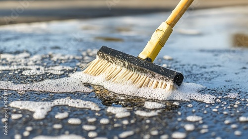 Large brush scrubbing asphalt surface with soapy water and visible bubbles