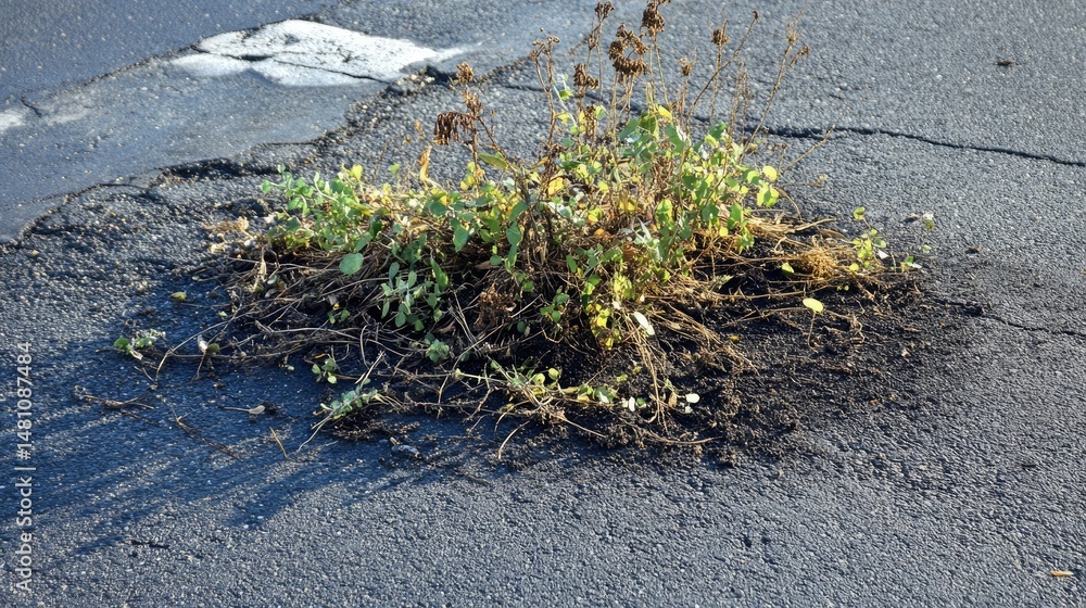 Obraz premium Piles of removed vegetation lying next to a clean asphalt surface