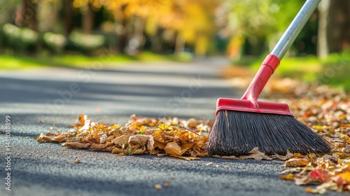Wallpaper Mural Sweeping broom removing leaves and dust from a dry asphalt pavement Torontodigital.ca