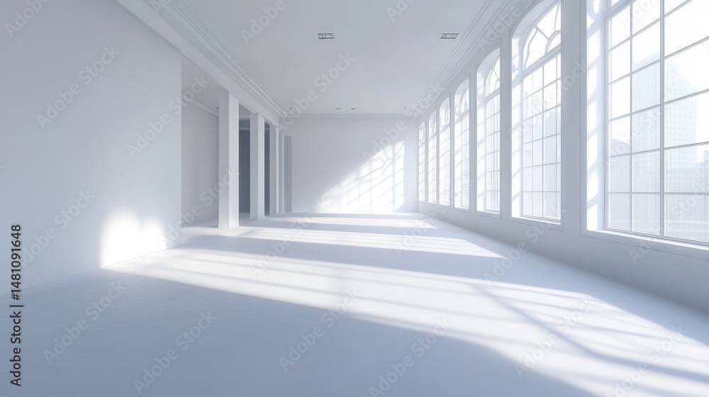 Obraz premium Empty, sunlit interior hallway with large windows.