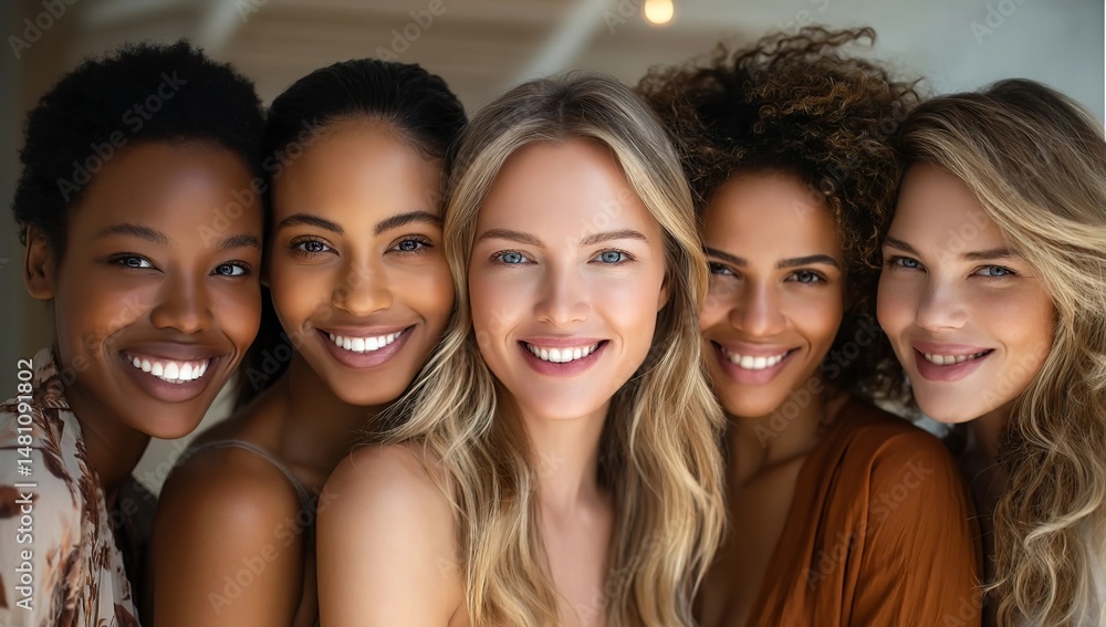 Five women of diverse races smiling, with beautiful faces. A blonde woman is in the center, with Five women of diverse races smiling, with beautiful faces. A blonde woman is in the center, with