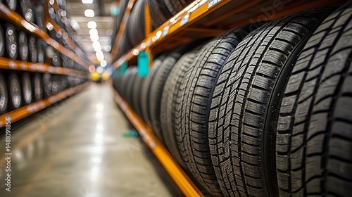 Rows of new and used tires on shelves in a warehouse