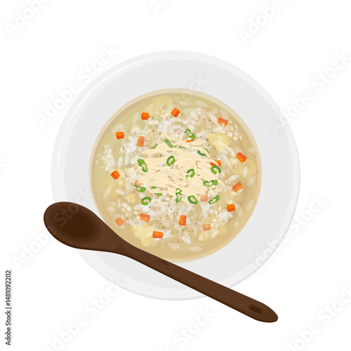 Vector Illustration logo Clipart Top View Ready to eat Dakjuk Korean Chicken Rice Porridge on a Plate