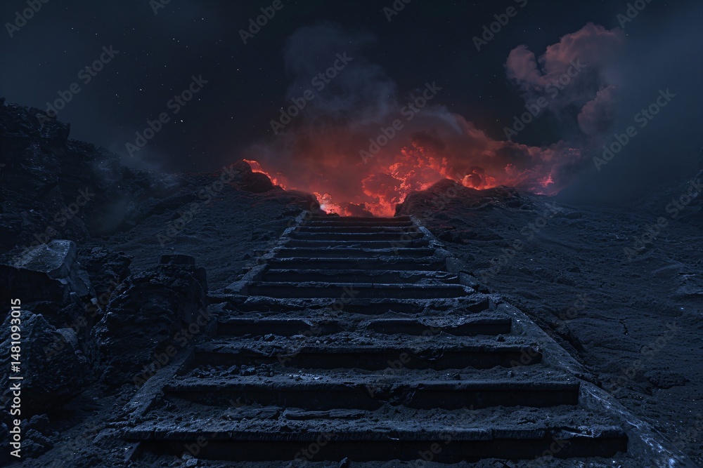 Fototapeta premium Fiery stairway leading to mysterious door in dark sky. Hellish landscape with lava, smoke, and lightning. Concept of afterlife, judgment, and spiritual journey. Dramatic scene.