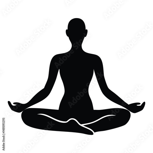 A black silhouette vector illustration shows a meditating yoga woman in a lotus pose, embodying relaxation and zen