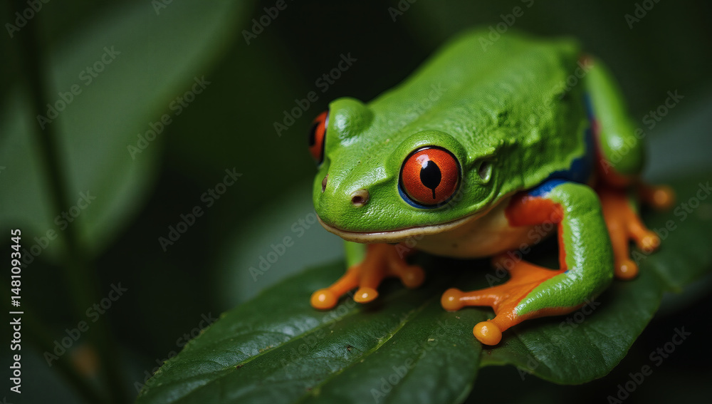 Naklejka premium Vivid Red-Eyed Tree Frog in Lush Jungle, Exotic Wildlife Photography, Tropical Rainforest Beauty, Cute Nocturnal Amphibian with Big Eyes, Agalychnis Callidryas in Panama-Costa Rica Border