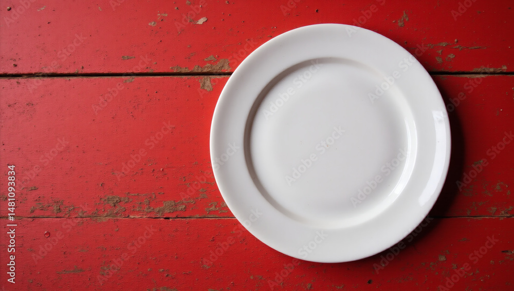 Luxury Empty White Plate on Wooden Table with Red Grunge Background, Premium Food Styling, Elegant Dining, Minimalist Copy Space, High-End Culinary Luxury Empty White Plate on Wooden Table with Red Grunge Background, Premium Food Styling, Elegant Dining, Minimalist Copy Space, High-End Culinary