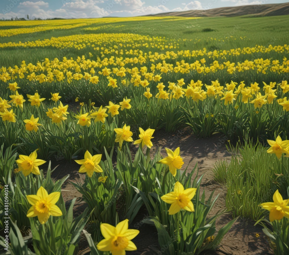 Obraz premium Lush green field awash with bright yellow daffodils blooming under a sunny sky , image, green, texture