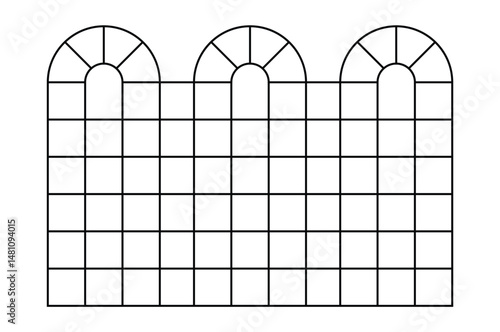 Minimal black and white decorative fence design with three arched openings, radiating segments, and grid pattern. Symmetrical, geometric, and minimalist style on white background.