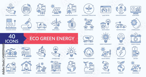Eco green energy icon collection set with renewable energy, solar power, wind energy, waste energy, eco material
