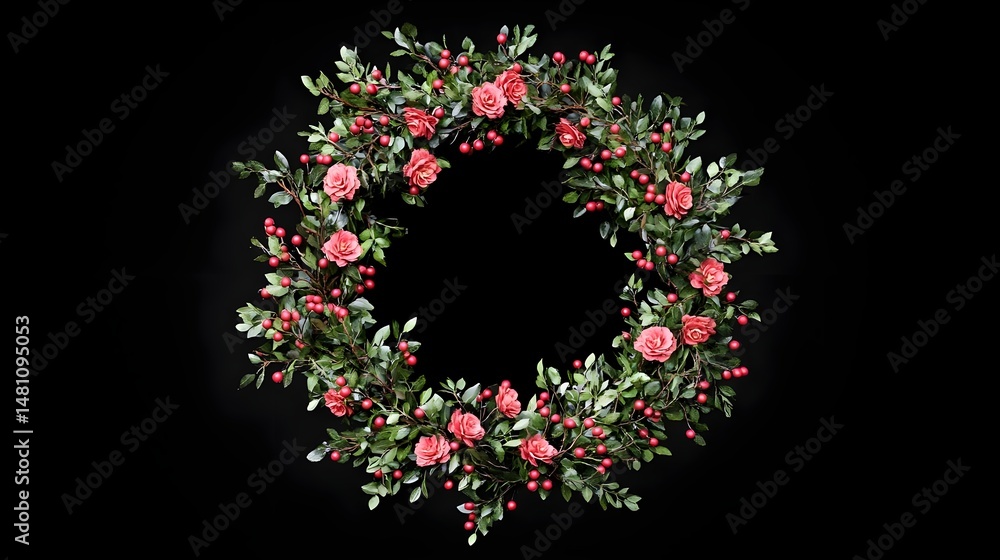 Beautiful Wreath with Lush Red and Pink Carnations on Black Background Beautiful Wreath with Lush Red and Pink Carnations on Black Background