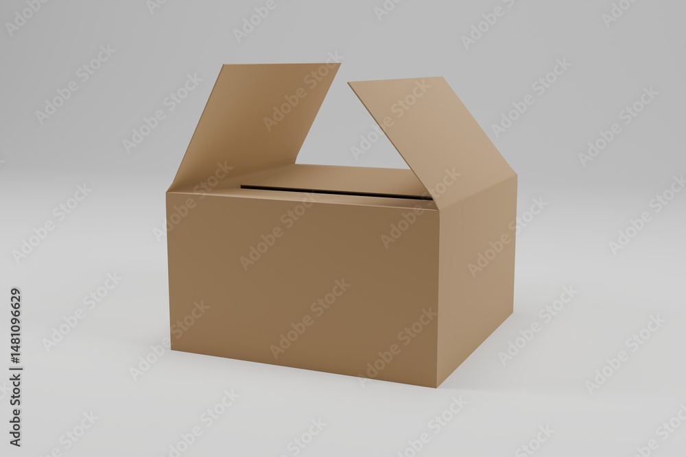 Obraz premium A cardboard box is open and sitting on a white background. The box is brown and has a rectangular shape