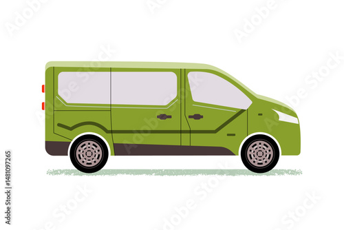 Vector modern minivan with sliding doors. Family, tourist car, city minibus, work transport of plumber, chimney sweep, painter, electrician, repairman. Cute illustration isolated on white background.