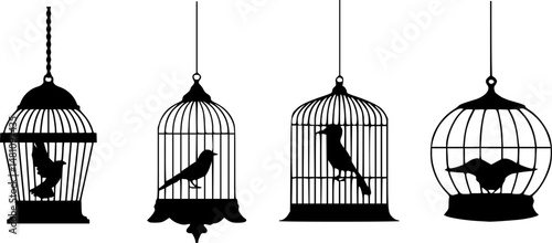 Minimalist Black and White Birdcage Silhouettes Vector Set – Symmetrical Artistic Illustration of Various Hanging Cages and Birds on Red Background – Freedom and Confinement Concept