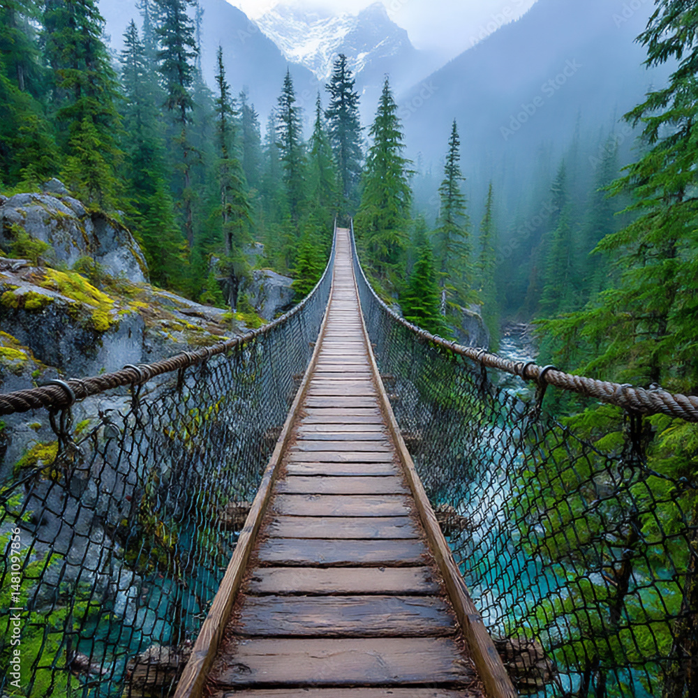 Fototapeta premium low angle photograph of a misty suspension bridge disappearing into a dense coniferous forest shrouded in fog, creating an atmospheric and mysterious scene,