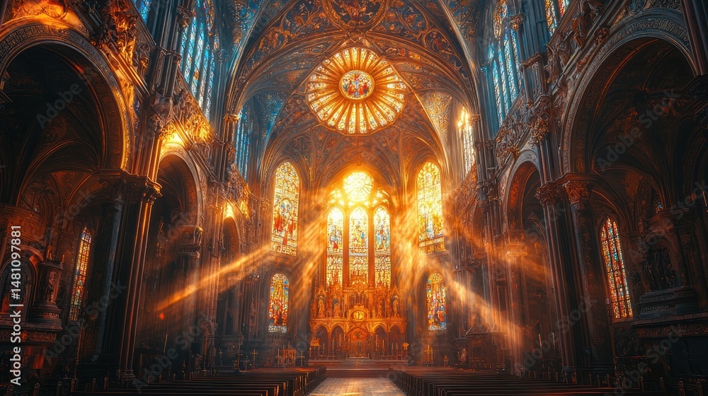 Obraz premium Majestic cathedral interior, sunbeams illuminating stained glass (1)