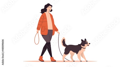 Cartoon vector illustration of a woman with a dog showing love, isolated icon for website or app design
