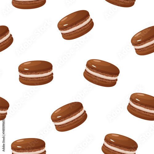 Vector seamless pattern with chocolate French macarons isolated on white background.
