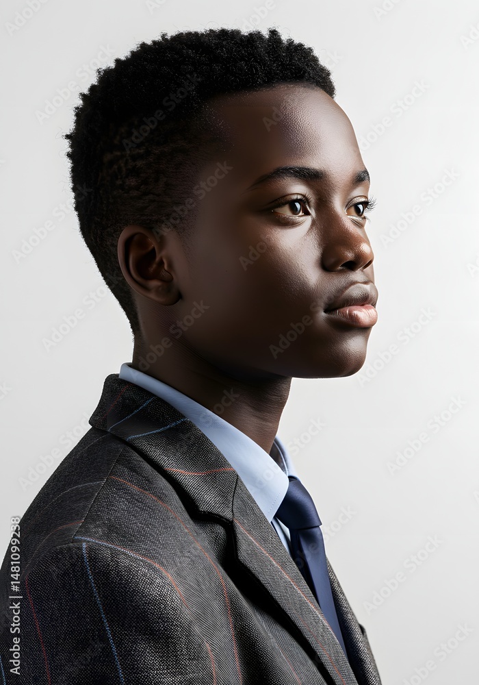 Obraz premium Stock photo of young african american man in suit and tie looking to the side on white background