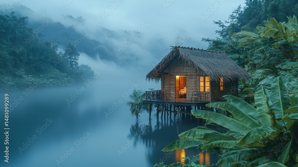 Fototapeta premium Misty mountain cabin by tranquil lake