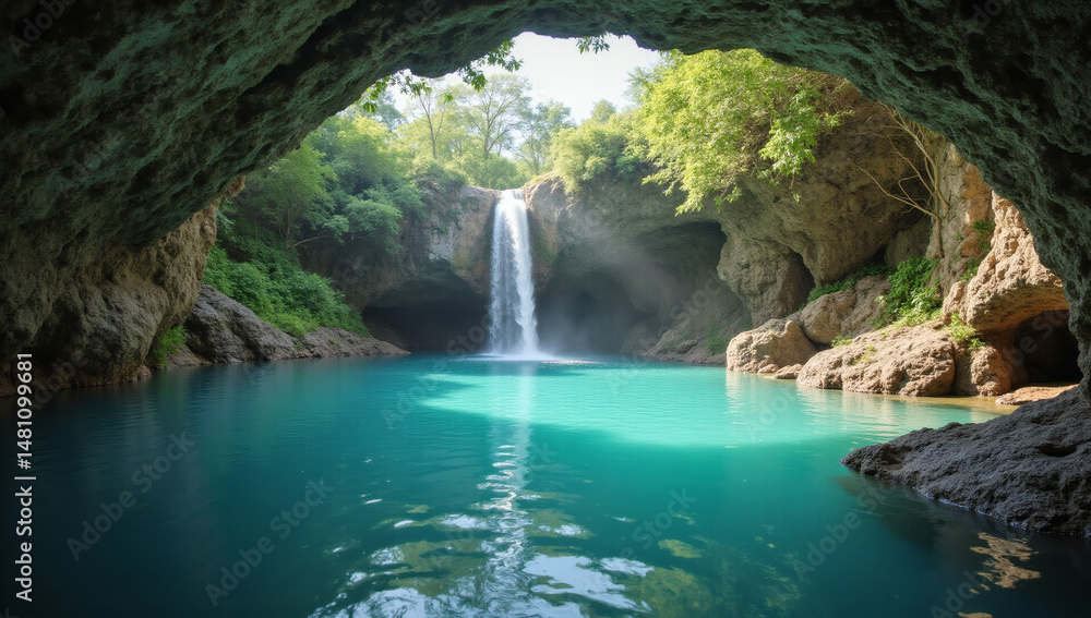 Naklejka premium Luxurious Teal Water Cave Entrance to Emerald Jungle, Stunning Nature Photography for Travel, Adventure & Wellness Brands