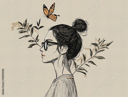 Young woman with glasses and butterfly above her head surrounded by greenery in a minimalist art style