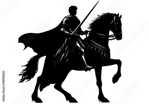 Silhouette of a Knight on Horseback, portrays a striking silhouette of a knight riding a horse, exuding strength and nobility