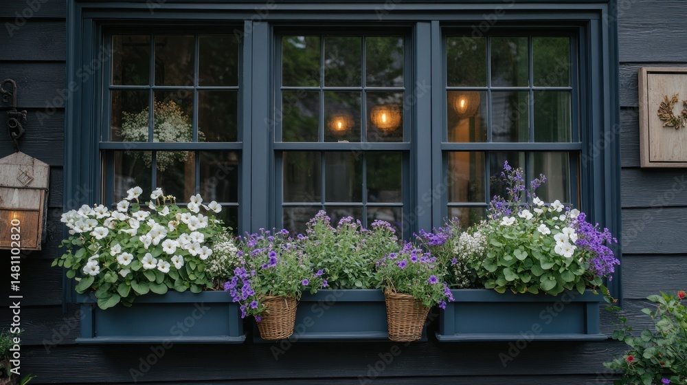 Fototapeta premium Dark window box planters filled with white and purple flowers