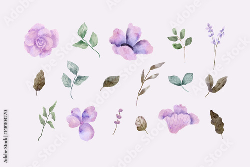 set of purple floral watercolor
