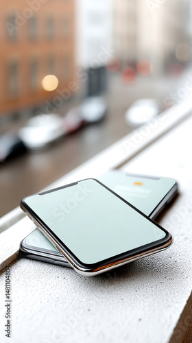 Wallpaper Mural Two modern smartphones rest on a windowsill overlooking a blurred city street. Torontodigital.ca